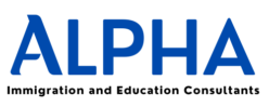 ALPHA Immigration and Consultants logo with bold blue 'ALPHA' text, and 'Immigration and Consultants' underneath, link to homepage.